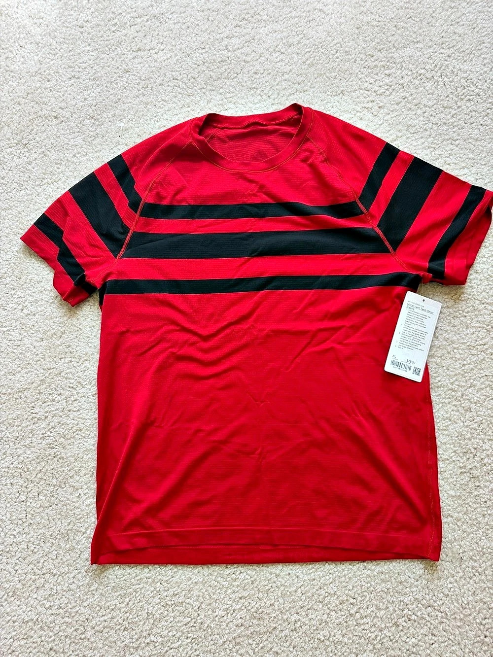 Mens lululemon Metal Vent Tech Short Sleeve Striped Athletic Tee in Red & Black